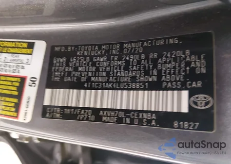 2020 Toyota Camry Le Hybrid from USA, damaged, VIN 4T1C31AK4LU538851